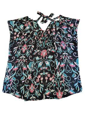 Lauren Conrad Floral Black Sleeveless Top With Bow Detail Red & Turquoise Accent